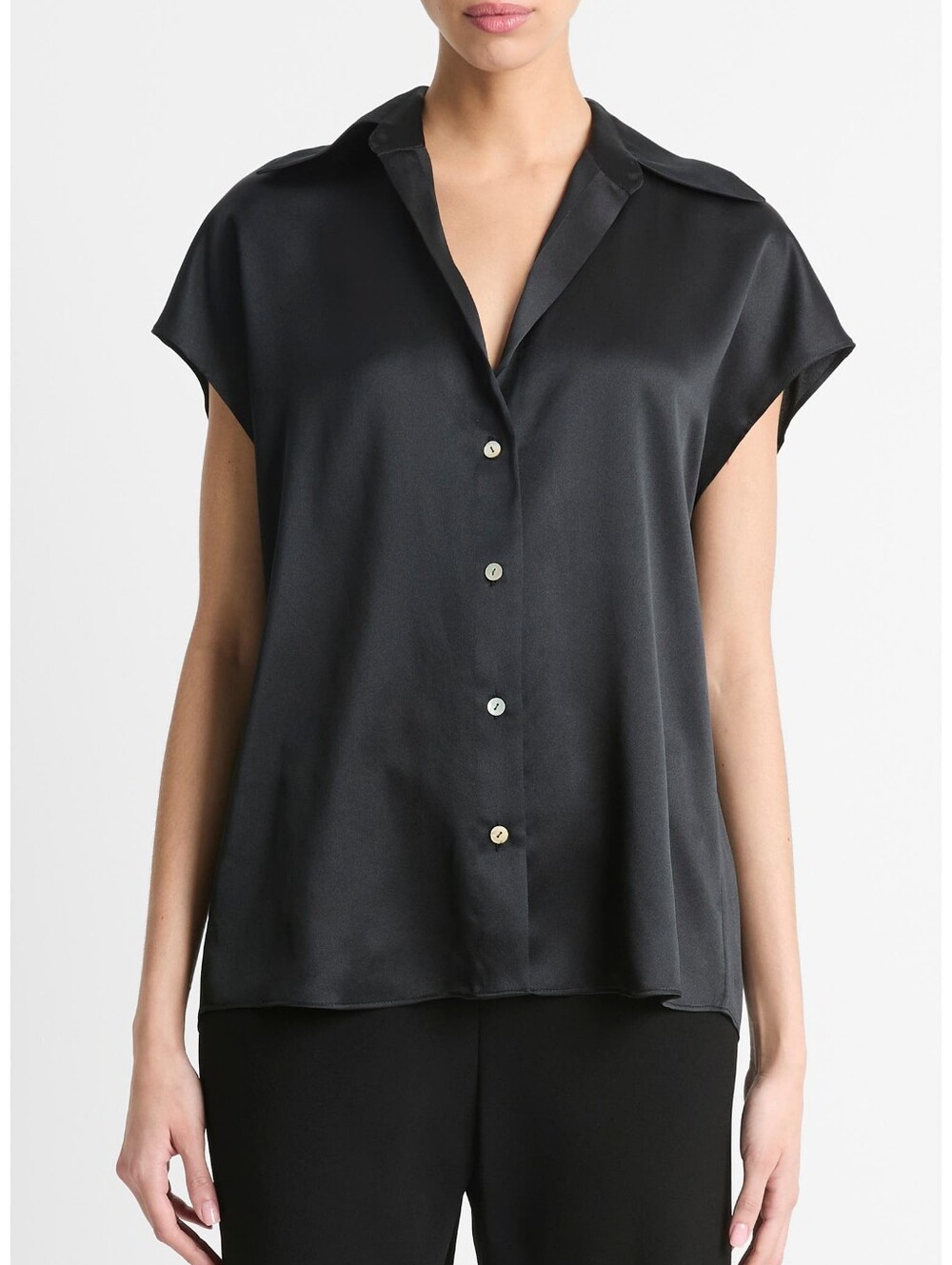 Vince Black 100% Silk Cap Sleeve Gathered Back Blouse XL Quiet Luxury